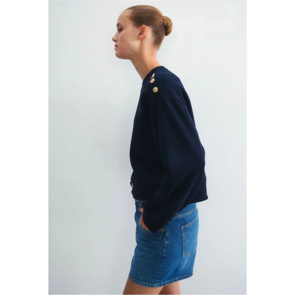 Navy Blue Button Detail Sweatshirt (S,M,L) - Picture 4 of 7